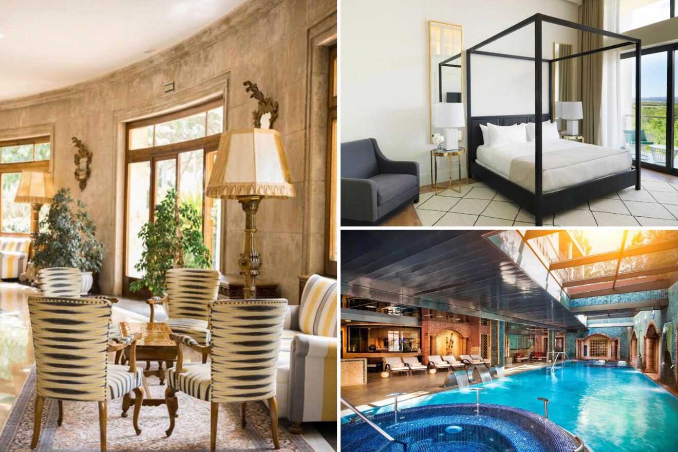 Collage of three hotel pictures: lounge area, bedroom, and indoor pool