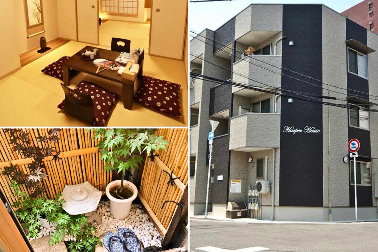collage of 3 images of a Japanese house with: hotel's building, garden details and table with chairs