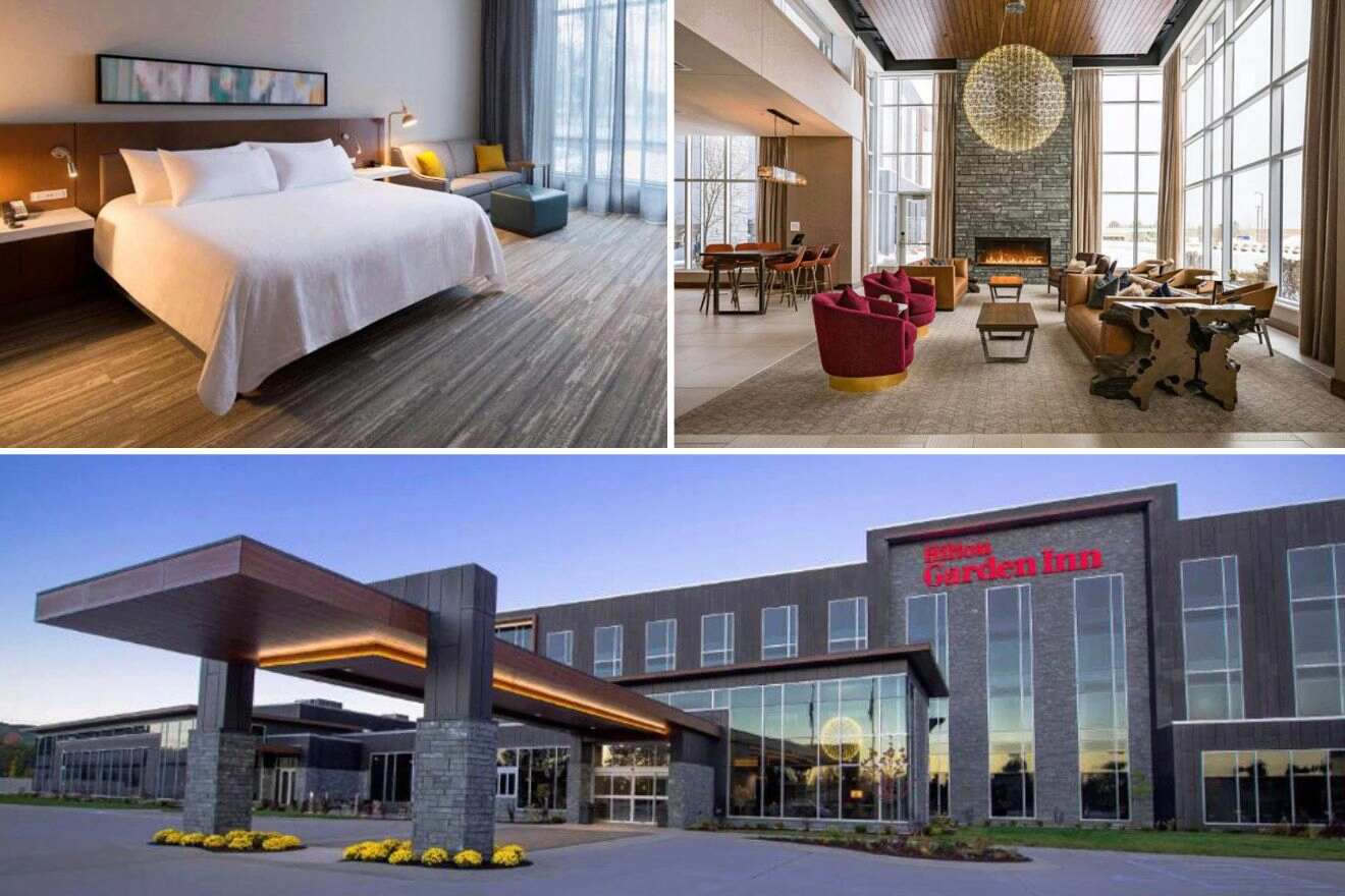 Collage of three hotel pictures: bedroom, hotel lounge area, and hotel exterior