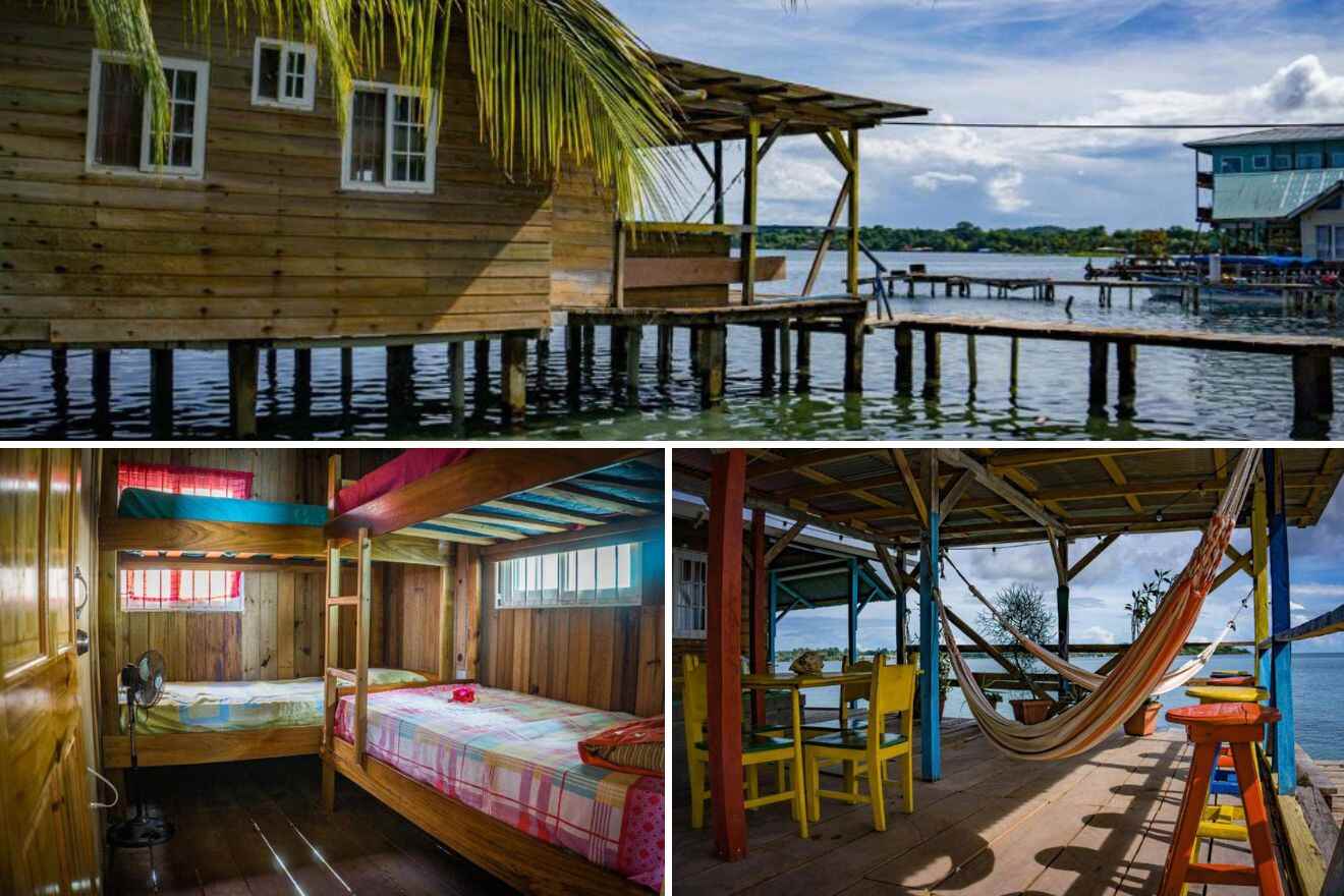 Collage of three hostel photos: view of cabins on the water, bedroom with bunk beds, and outdoor terrace on the water
