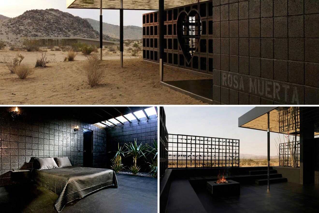 collage of 3 images with: a bedroom, fireplace area and building view