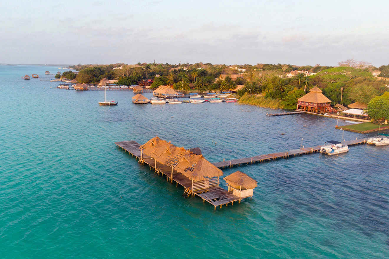 An aerial view of a pier with boats docked in the water.