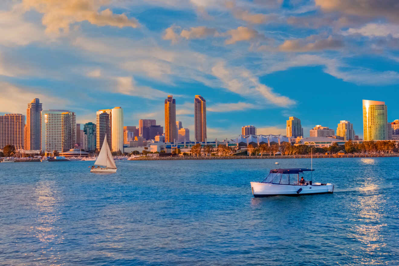 San diego city skyline with a boat in the water