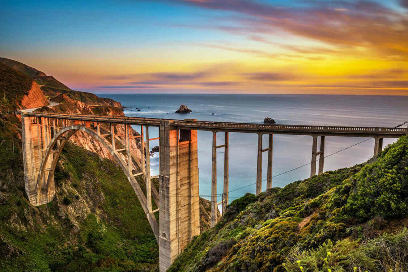 bridge at sunset next to the ocean