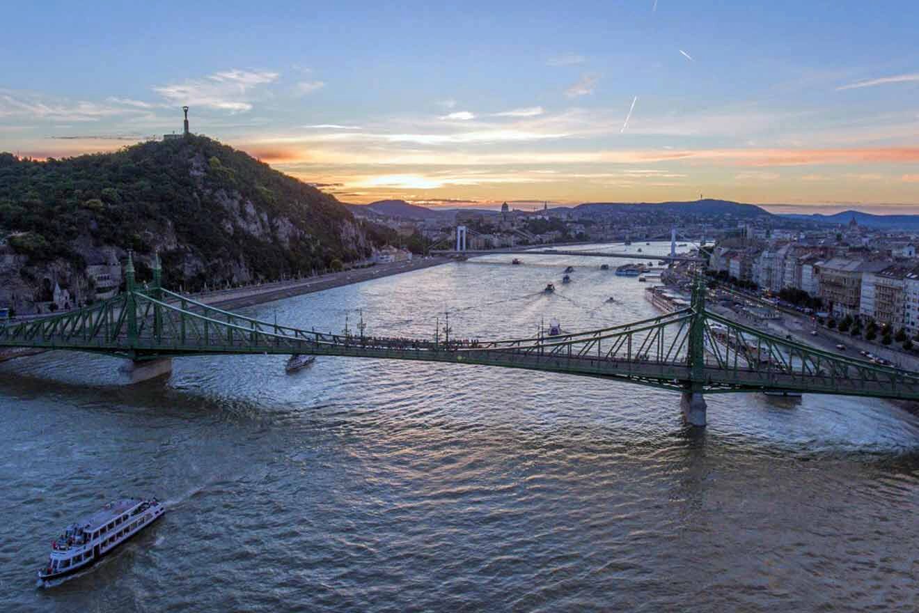 An aerial view of the danube river at sunset.