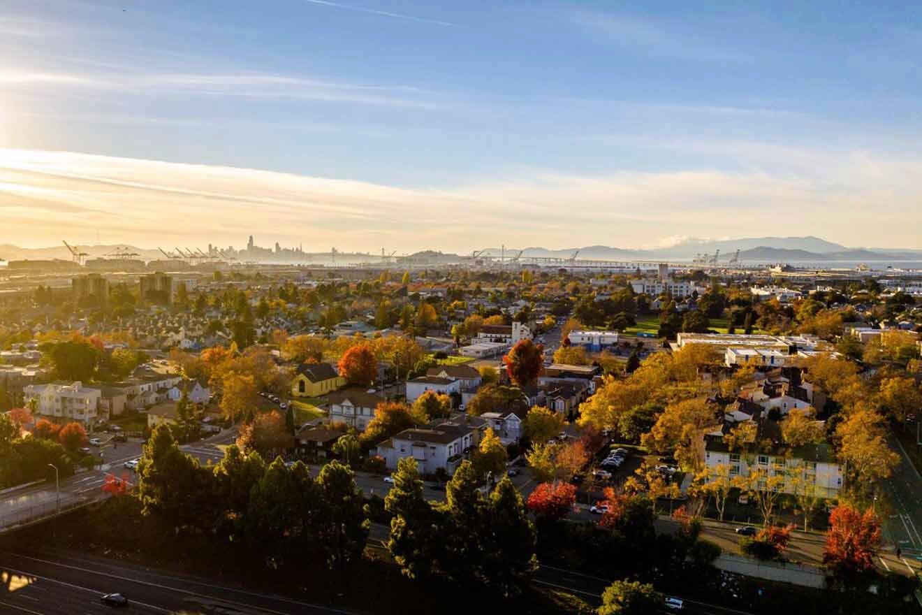 An aerial view of a city in the fall.