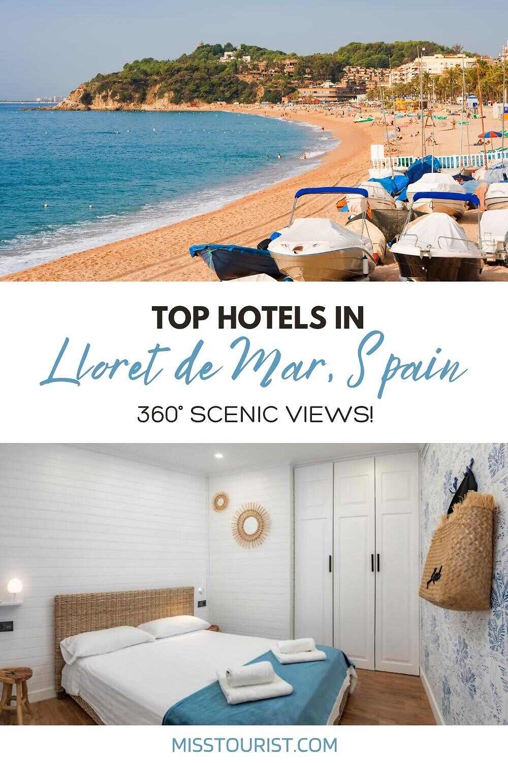 Collage of two photos: beach, and hotel bedroom