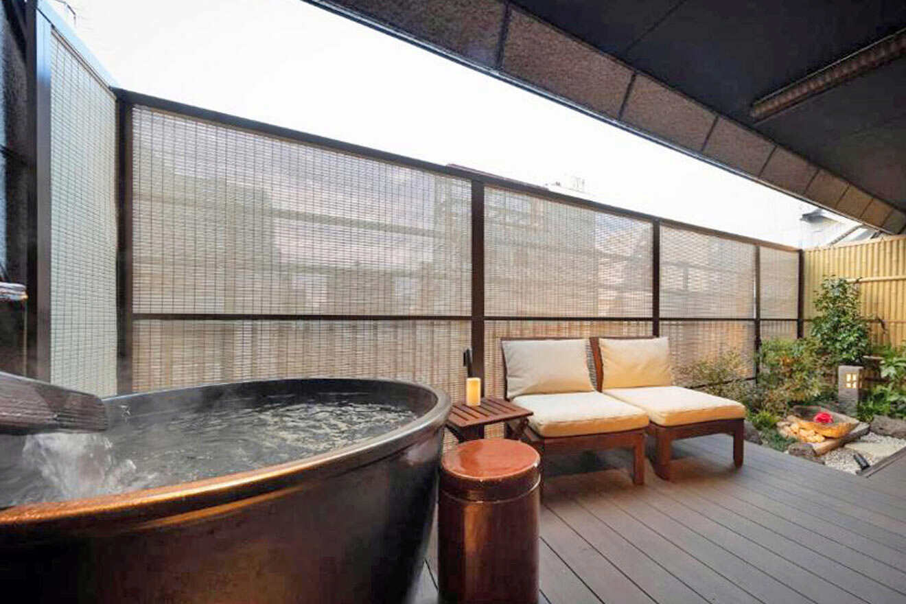 A japanese hot tub on a wooden deck