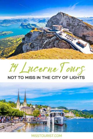 collage of 2 images with: tourists waiting to go on a boat with the city in the background and an aerial view over a construction on top of a hill