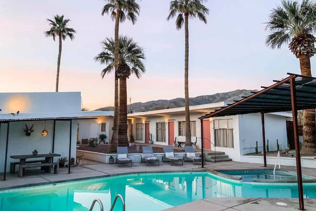 hotel's swimming pool at sunset