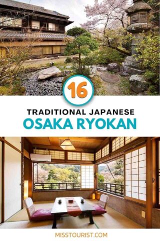 collage of 2 images with: japanese room and exterior of a ryokan
