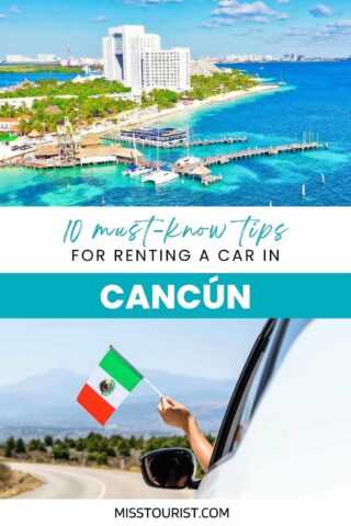 collage with 2 images with: aerial view over Cancun beach and a car driving on the road