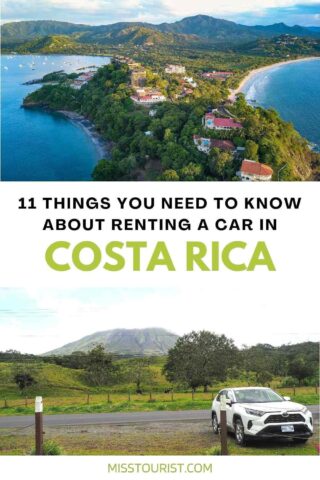 collage of 2 images with: an aerial view over costa rica and a car parked on a field with the volcano in the background