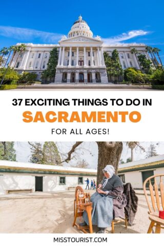 collage of 2 images with a large white building and an old lady working