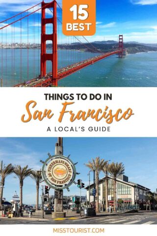 a collage of two photos: aerial view of a bridge, and view of a sign like a ship's wheel