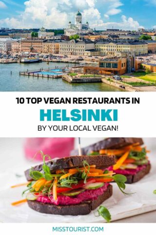 collage of 2 images with: a vegan dish and an aerial view over a city by the water