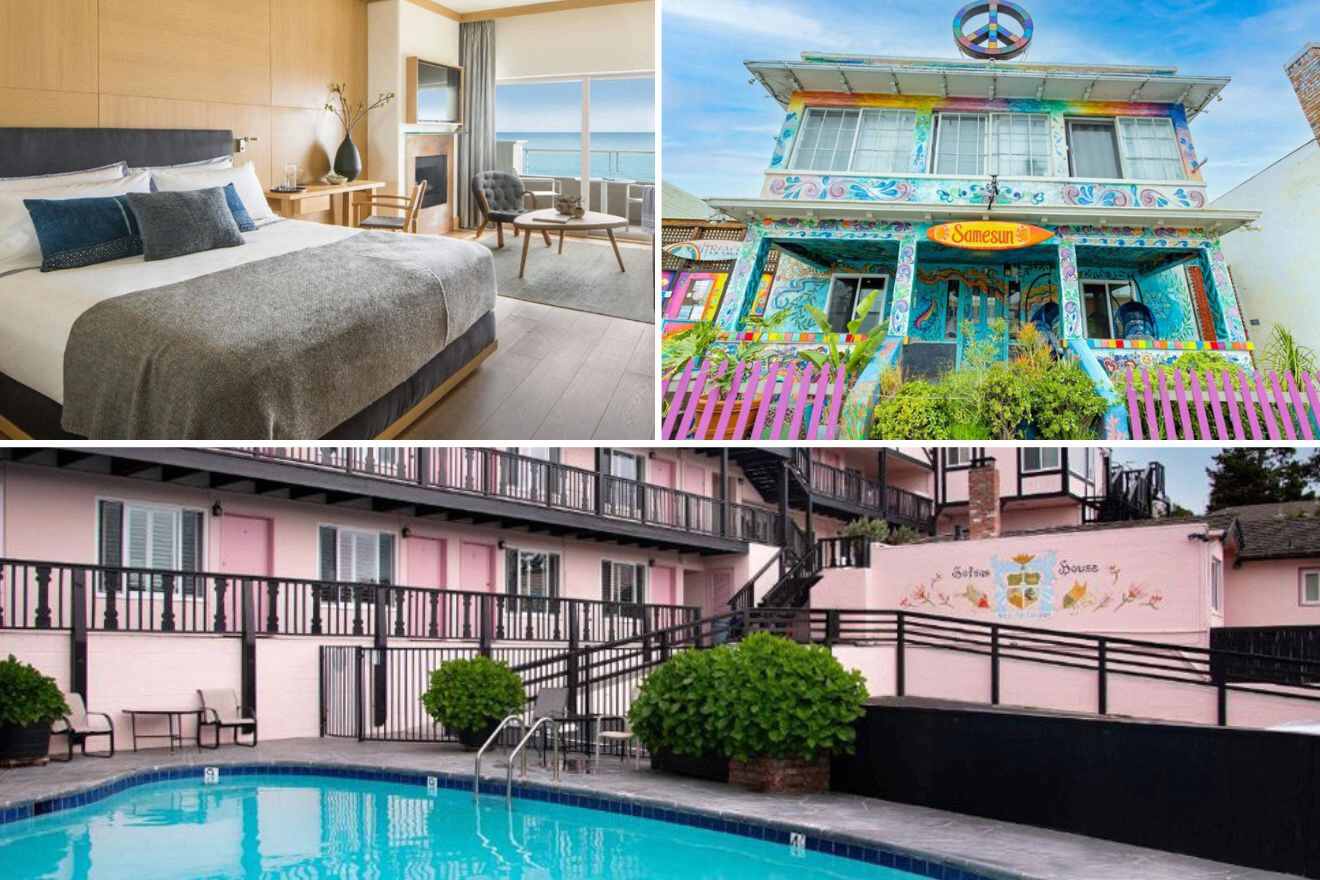 collage of 3 images with: a bedroom, pool and hotel's building