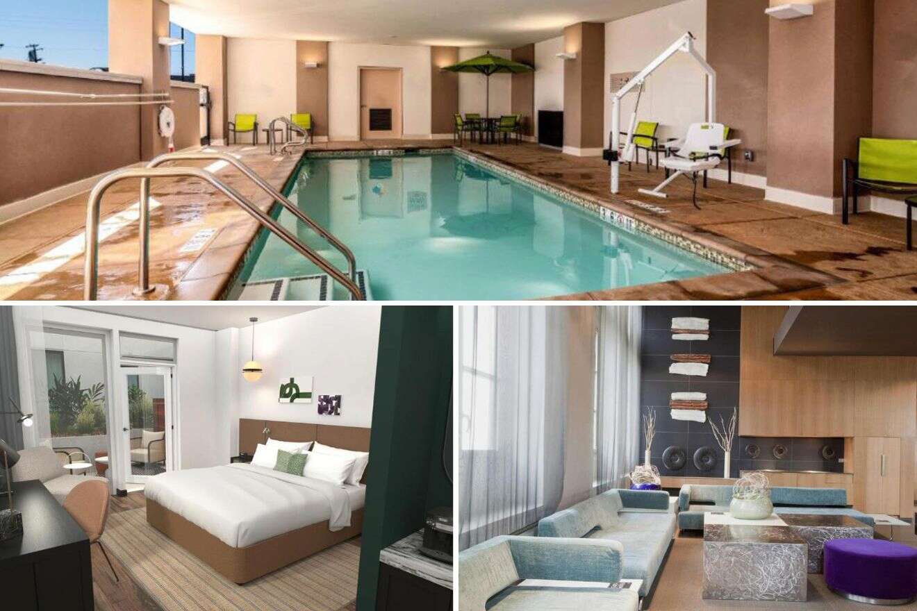 collage of 3 images with: a pool, bedroom and lounge