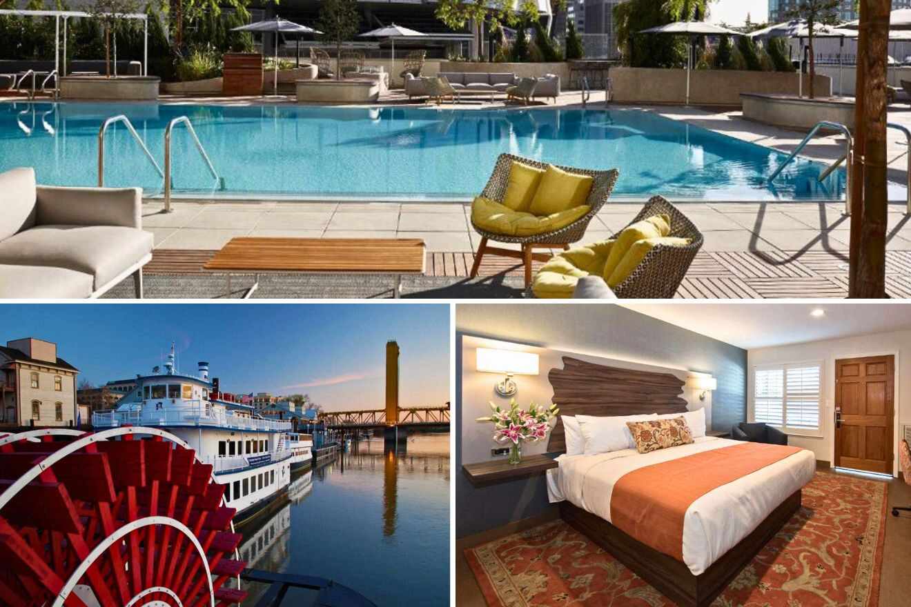 collage of 3 images with: a bedroom, pool and boat housing a hotel docked in the river