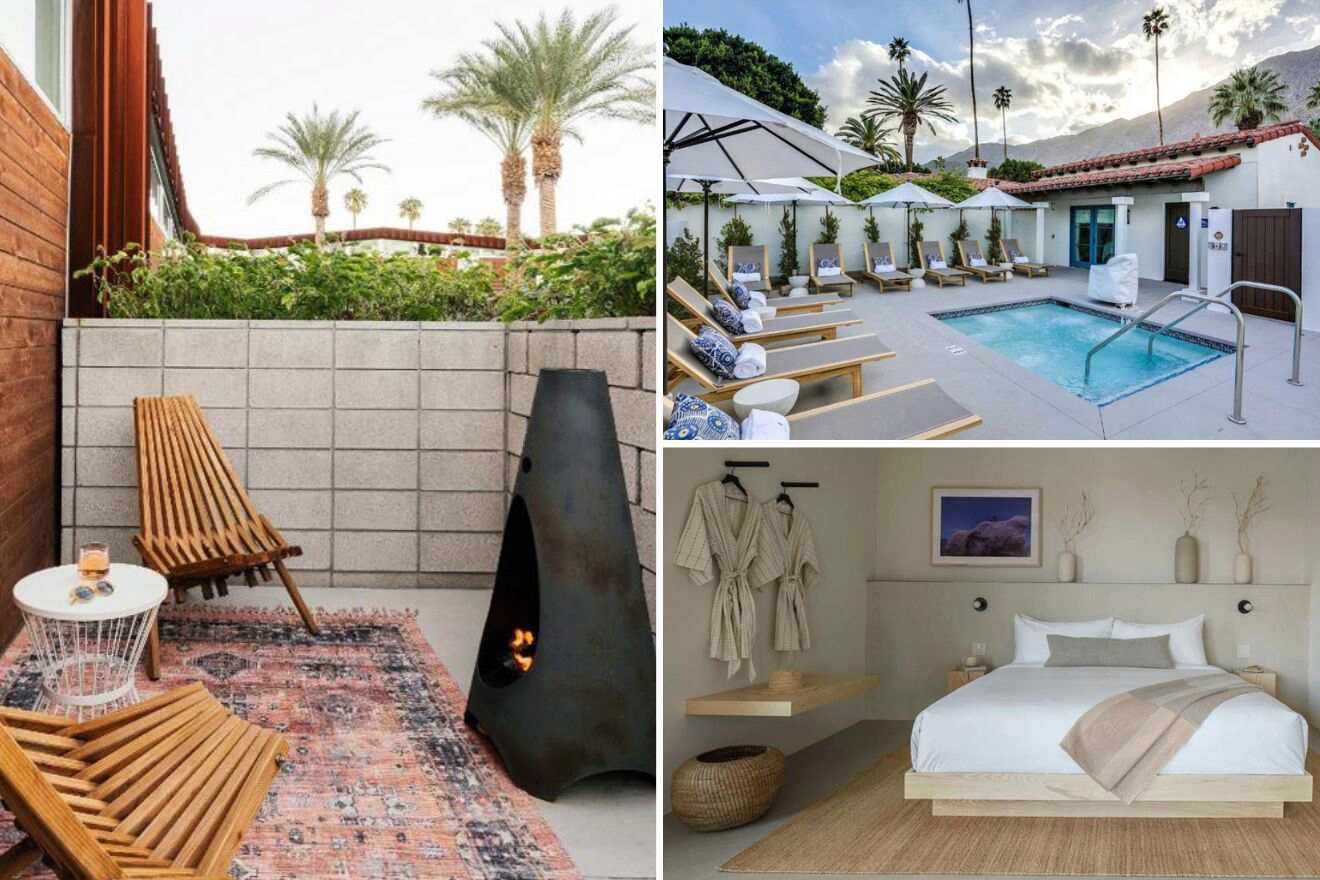collage of 3 images with: lounge in front of a fireplace, bedroom and a pool
