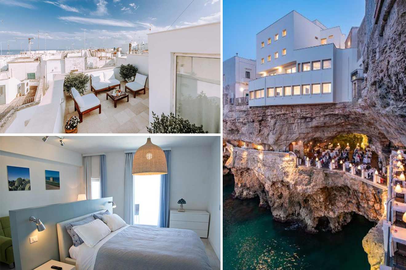 Collage of 3 hotel pictures: hotel exterior by the sea. a rooftop terrace, and a bedroom