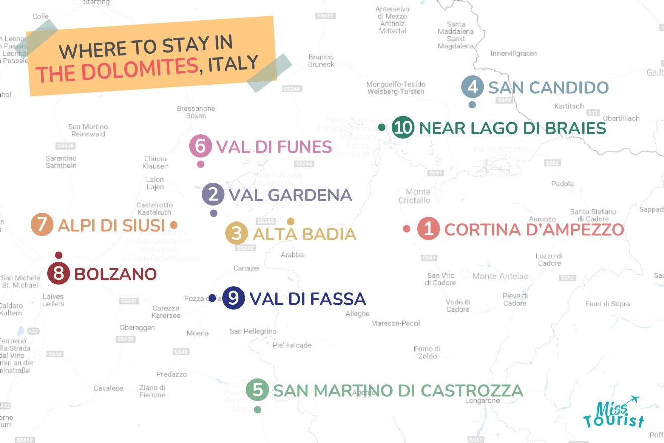 Where to stay in the Dolomites MAP 1
