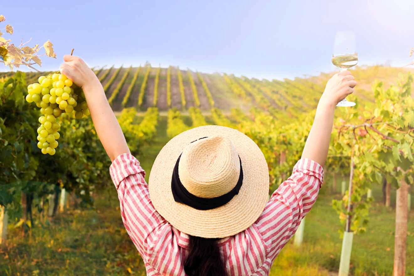 A woman holding a glass of wine in a vineyard.