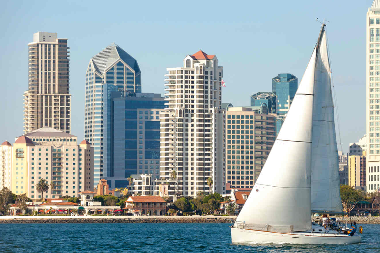 A sailboat in front of a city skyline