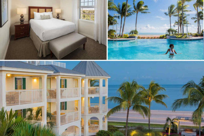 collage of 3 images with: resort with a swimming pool, bedroom and hotel's building
