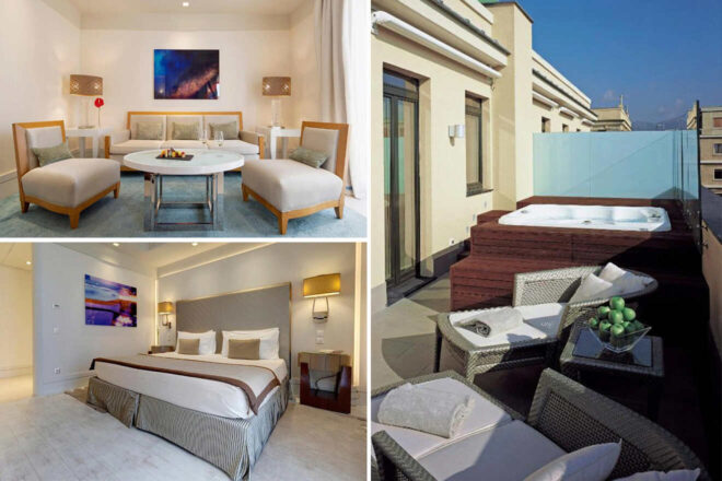Collage of three hotel photos: hotel room, living room and jacuzzi.