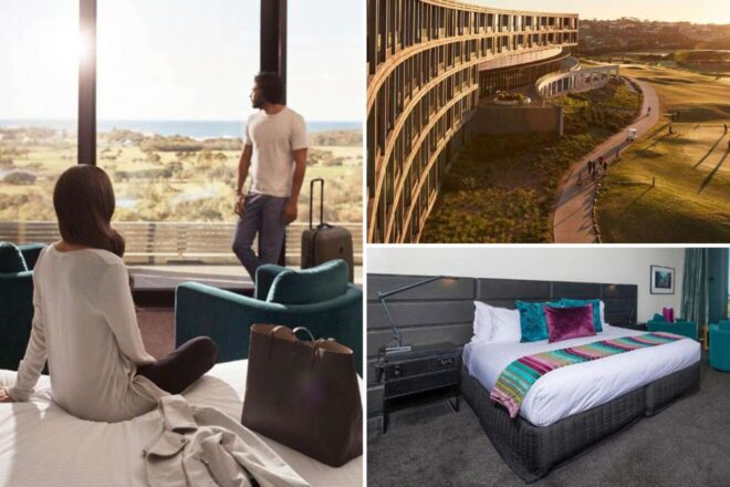 collage of 3 images with: a bedroom, hotel's building and couple sitting in a room by the window
