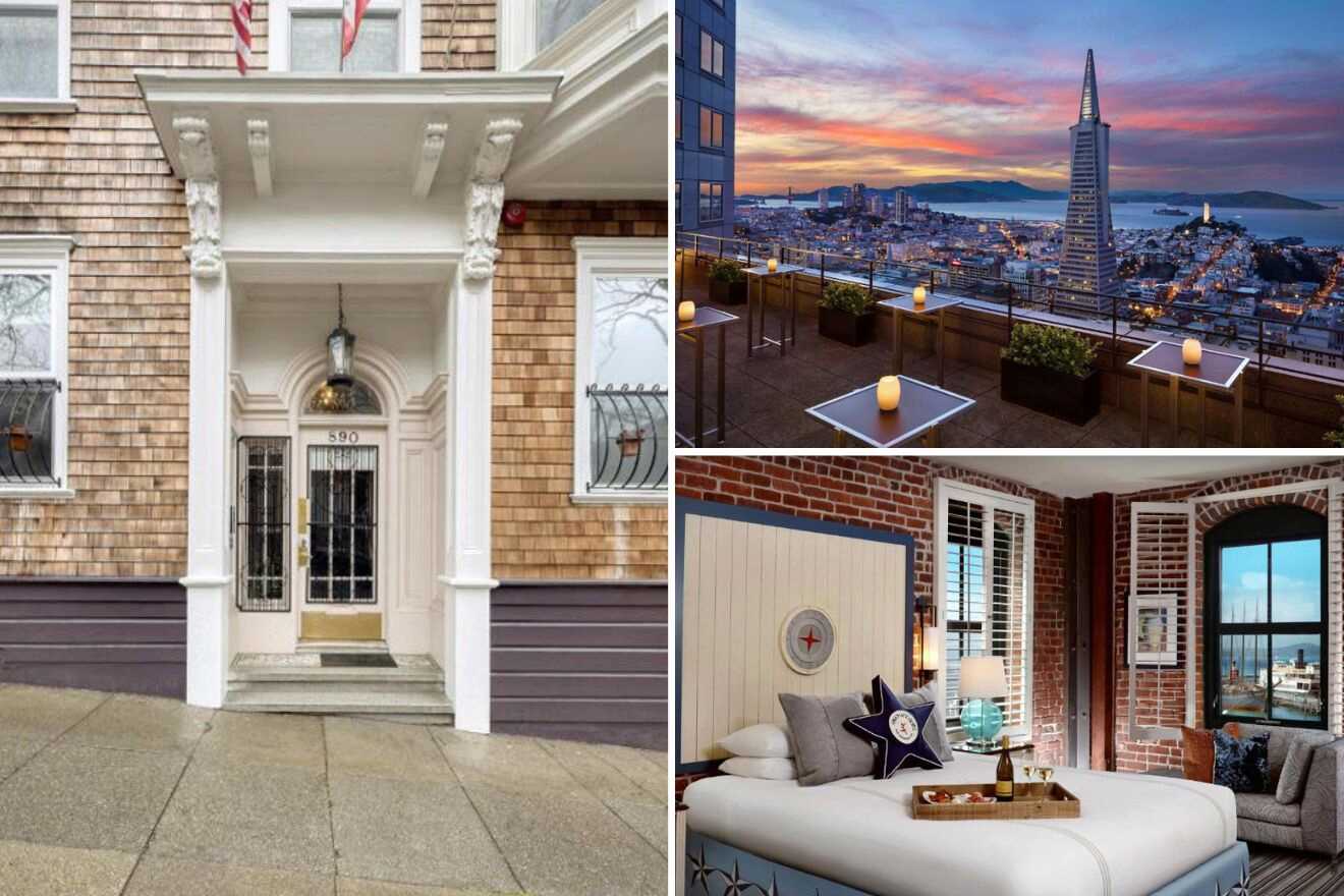 collage of 3 images with: a bedroom, rooftop lounge with view over the city and hotel's building