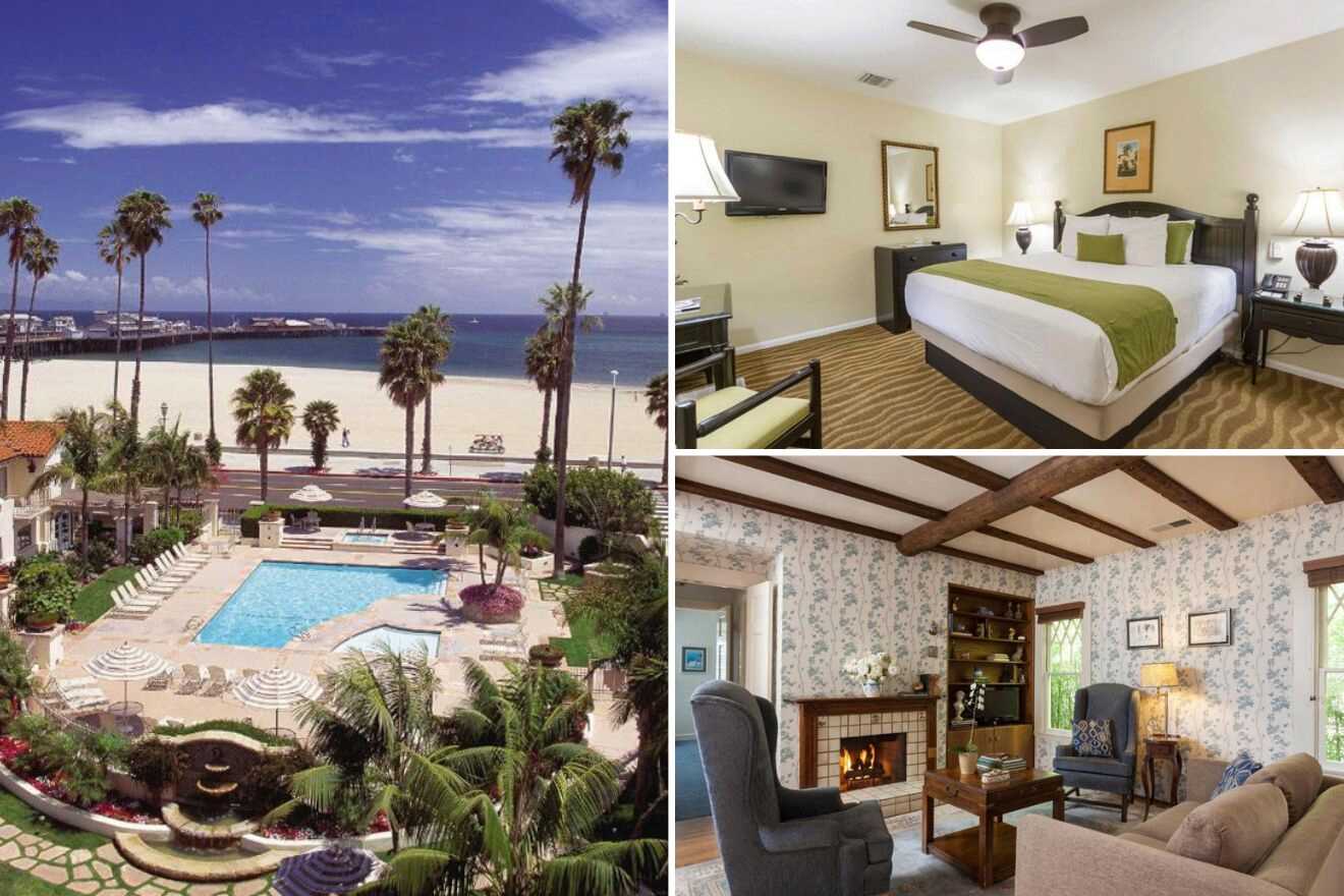 Collage of three hotel photos: outdoor pool, bedroom, and living room with fireplace
