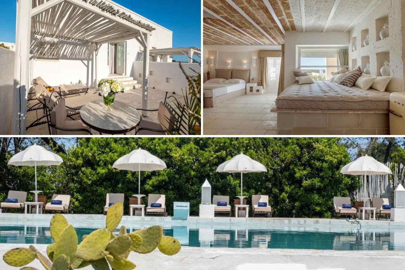 collage of 3 images with: bedroom, pool, outdoor terrace