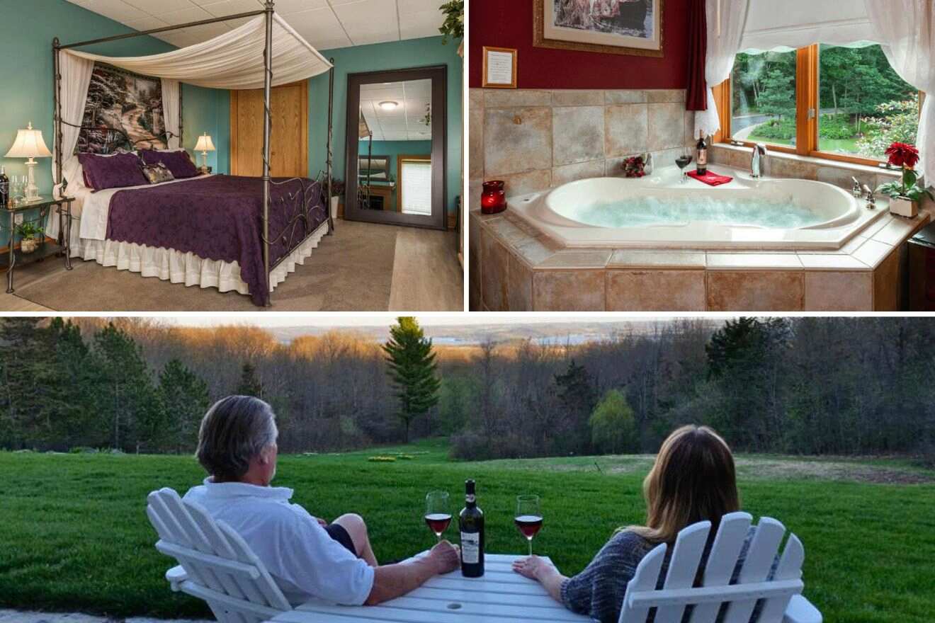 collage of 3 images with: a bedroom, bath tub and couple having a glass of wine on a patio
