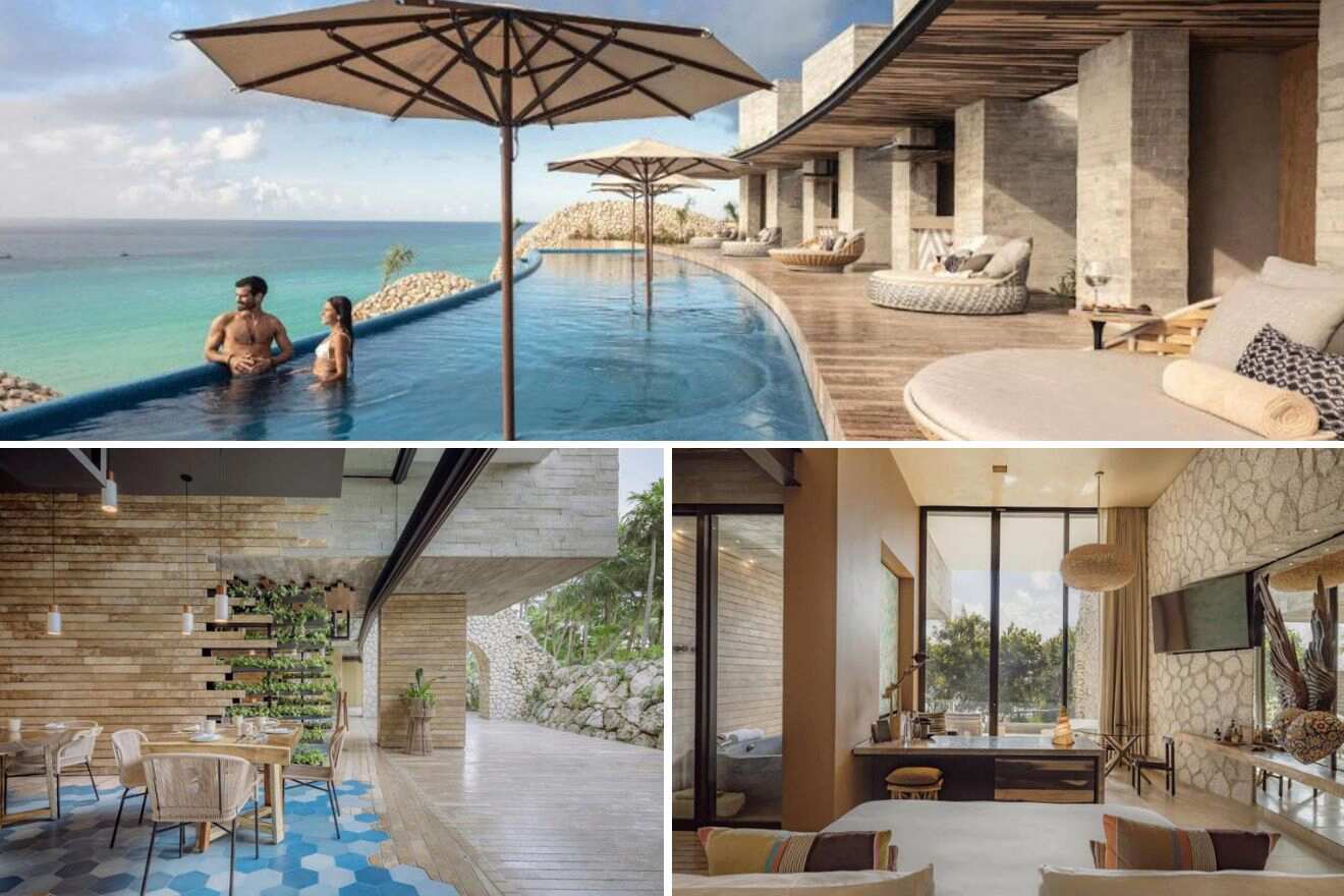 collage of 3 images with: bedroom, restaurant and pool area