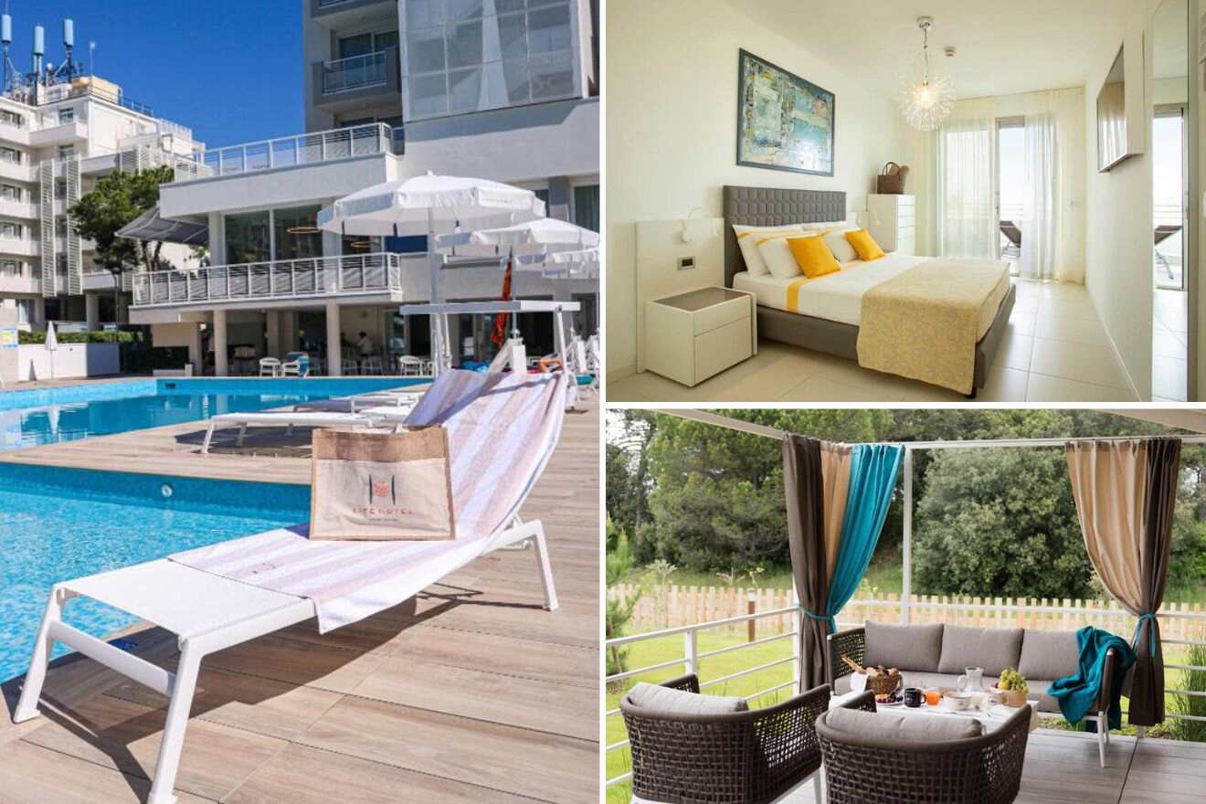 collage of 3 images with: bedroom, sunbed by the pool and lounge on a patio