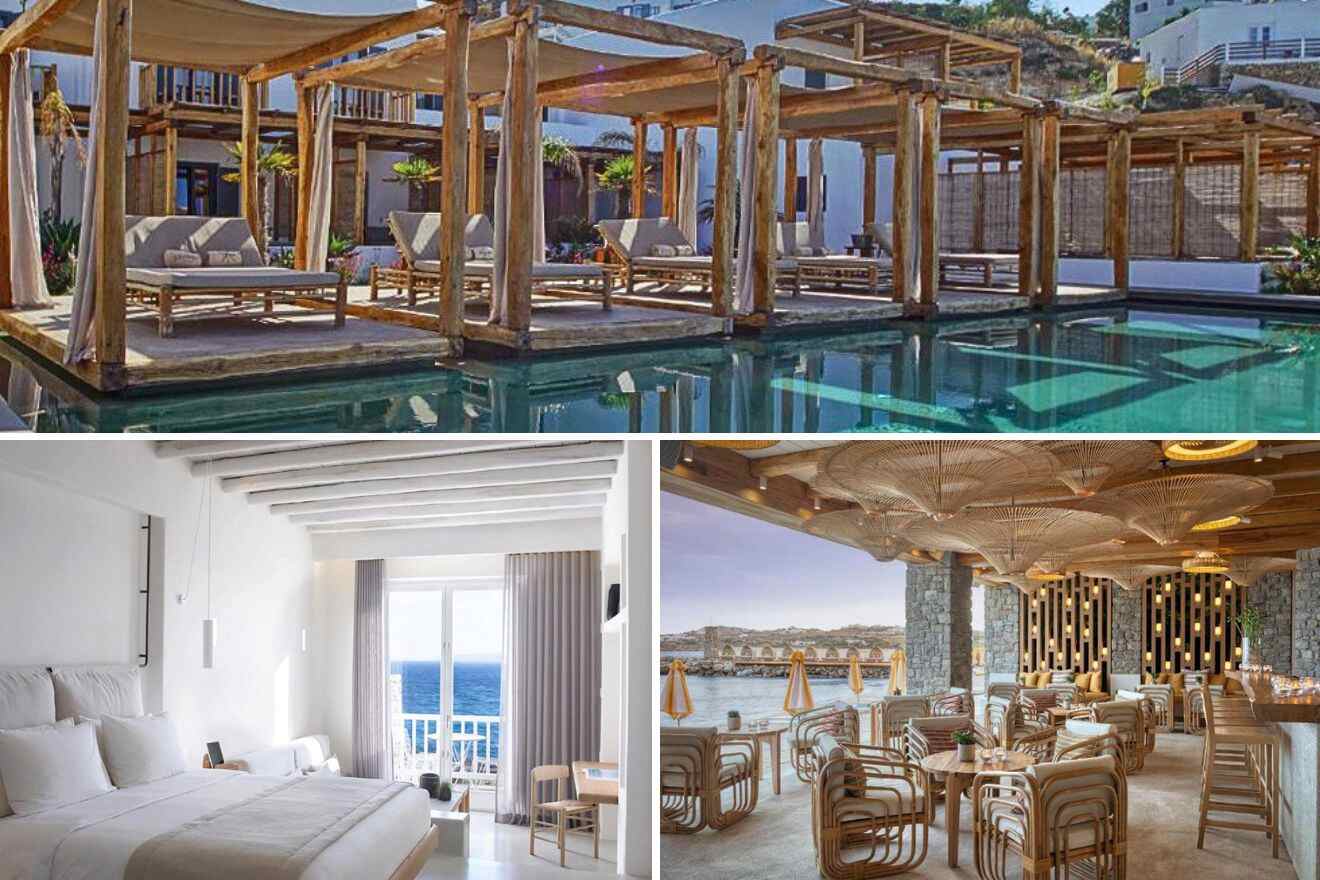collage of 3 images with: a bedroom, restaurant and pool with gazebos