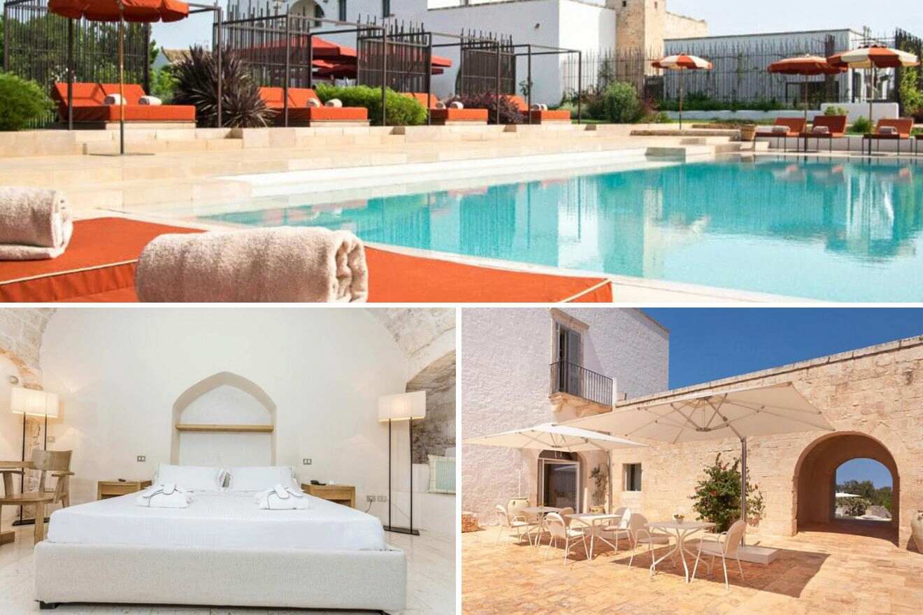 collage of 3 images with: pool area, bedroom and restaurant on the patio