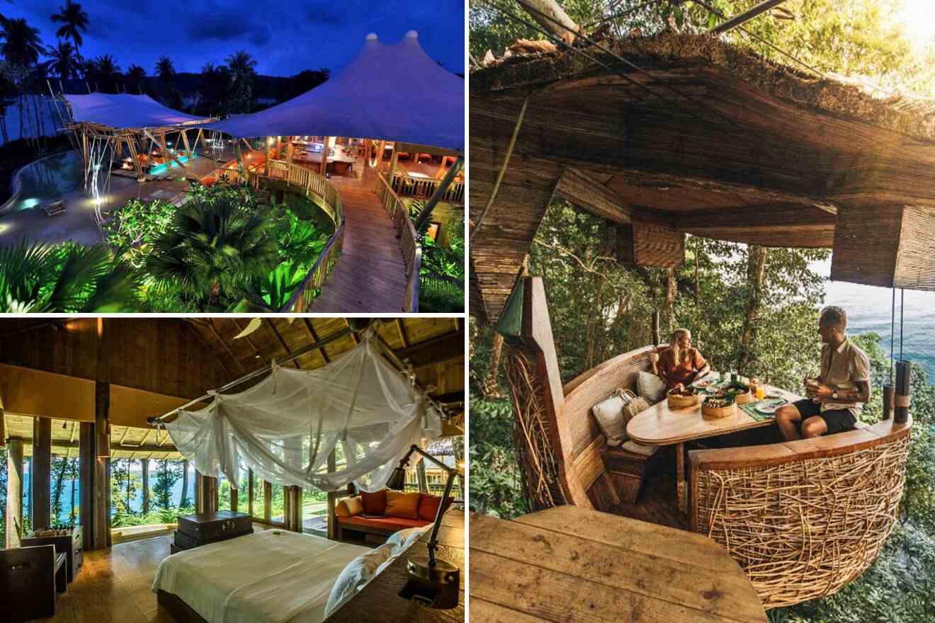collage of 3 images with: outdoor restaurant, bedroom and aerial view over the resort at night