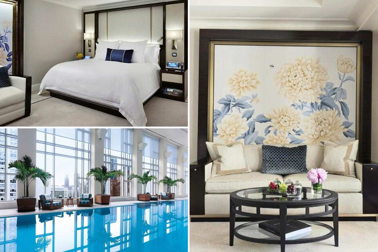 collage of 3 images with: bedroom, pool and couch with a table and a large art work behind it