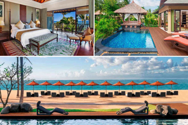 Collage of 3 pics of luxury stay in Bali: a luxury tropical resort featuring a bedroom with a balcony, a swimming pool with a gazebo, and a beachfront with umbrellas and loungers.