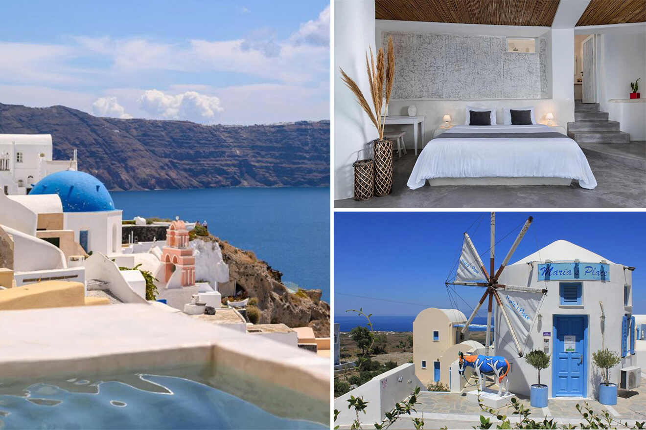 collage of 3 images with: a bedroom, view on the Santorini city and hotel with miil