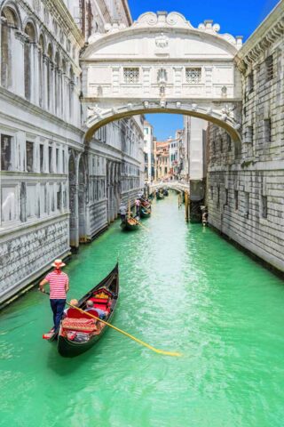 Gondolas on the canal in Venice, Italy.