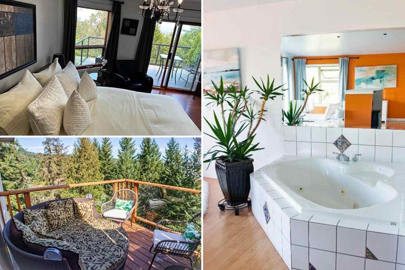 collage of 3 images with: a bedroom, jacuzzi and lounge on the terrace