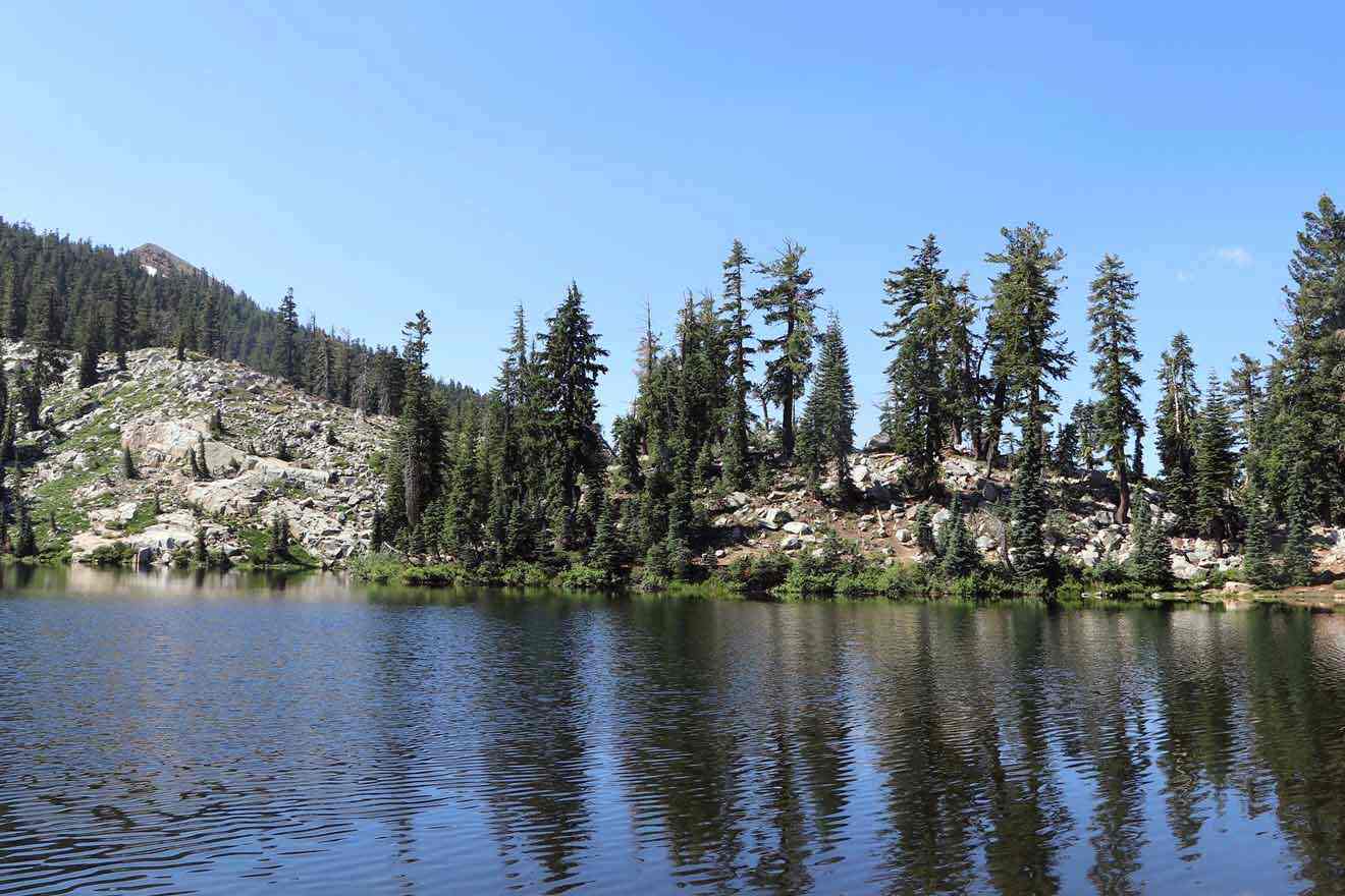 A mountain lake surrounded by trees.