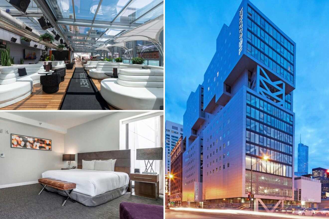 collage of 3 images with: bedroom, lounge area and hotel's building