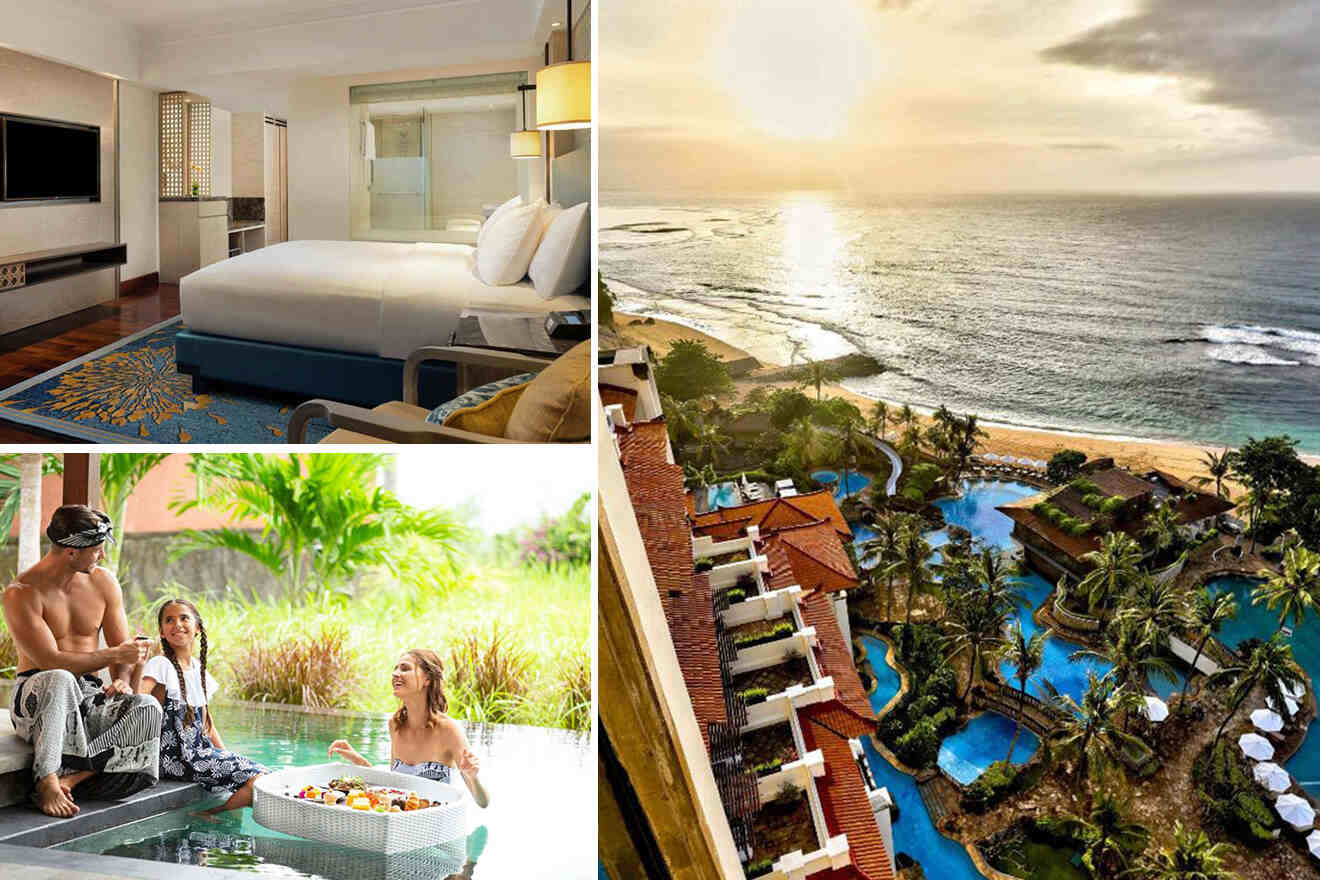 collage of 3 images with: a bedroom, aerial view over the resort and family having breakfast in the pool
