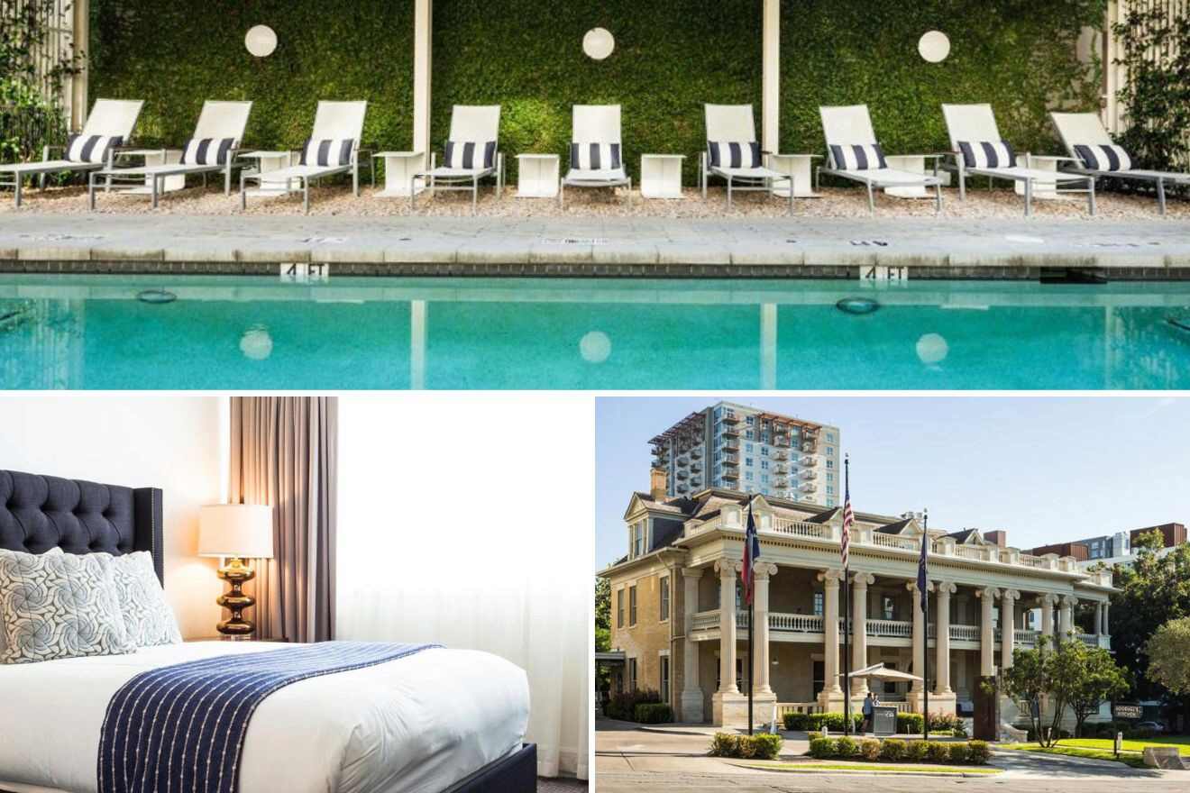 collage of three hotel photos: bedroom, hotel exterior, and outdoor pool