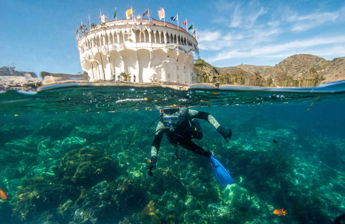 A scuba diver in the water near a castle.
